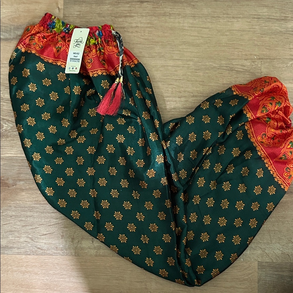 100% India Silk - Green, Orange Red Floral Pants OS!